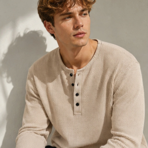 NOOK Men Self Design Henley Neck Cotton Blend Beige T-Shirt